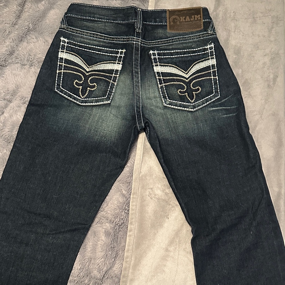 KAJM Dark Wash Bootcut Jeans with Embroidered Pockets